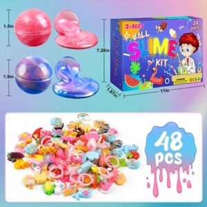 24+48 Galaxy Slime Party Favors for Kids, Slime Balls Pack Bulk Unicorn Mermaid Stress Relief Slime Gift Toys with Rings Slime Charms for Girls Boys 10-12, Crystal Clear Non-Sticky, Fluffy, Slime Kits