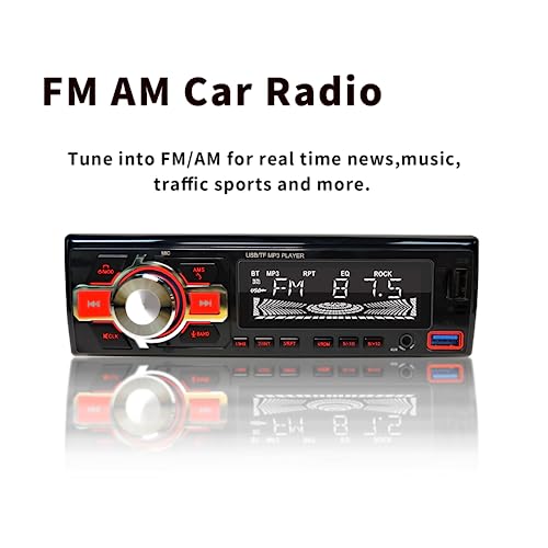 HLLECARMO 1Din Wireless Music Streaming Car Stereo Bluetooth Hands-Free Calling with Microphone, Character LCD, AM/FM 30 Stations Radio Receiver, 2USB Quick Charging, EQ, AUX-in, Remote, No cd/DVD