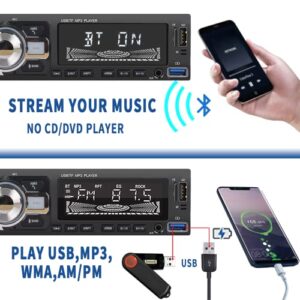 HLLECARMO 1Din Wireless Music Streaming Car Stereo Bluetooth Hands-Free Calling with Microphone, Character LCD, AM/FM 30 Stations Radio Receiver, 2USB Quick Charging, EQ, AUX-in, Remote, No cd/DVD