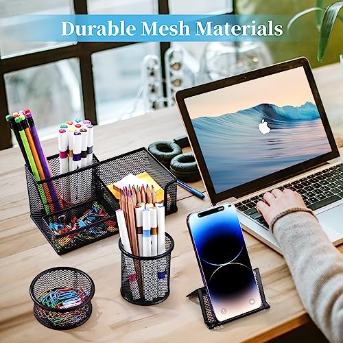 Byjoph Pen Holder for Desk Mesh Metal Pencil Holders Pen Cup Marker Holder Desk Caddy with Sticky Notes Holder Pen Organizer for Office Supplies Workspace School Home Black