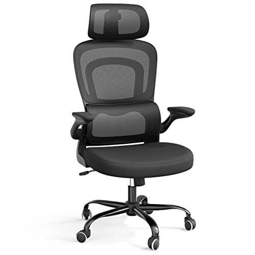 SOMEET Ergonomic Mesh Office Chair with Lumbar Support, High Back Office Chair with Flip-up Arms, Mesh Computer Gaming Chairs with Adjustable Headrest, Ergonomic Chair for Home Office Work, Black