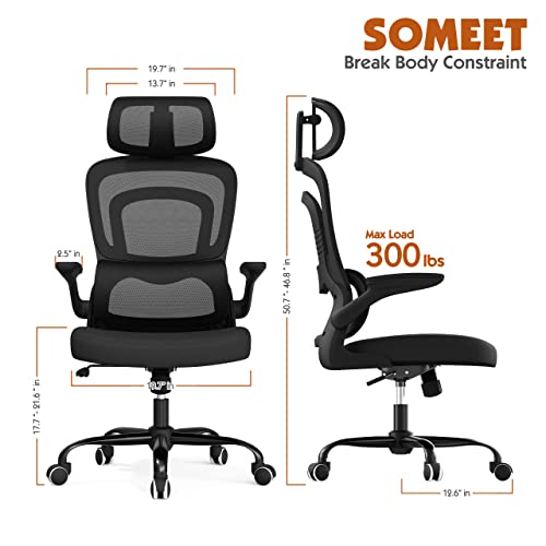 SOMEET Ergonomic Mesh Office Chair with Lumbar Support, High Back Office Chair with Flip-up Arms, Mesh Computer Gaming Chairs with Adjustable Headrest, Ergonomic Chair for Home Office Work, Black