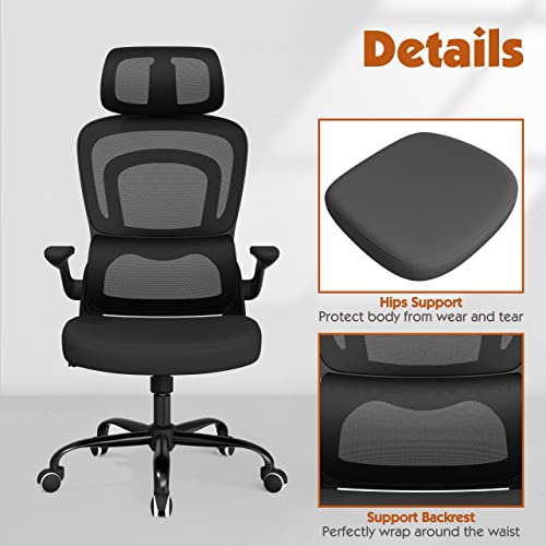 SOMEET Ergonomic Mesh Office Chair with Lumbar Support, High Back Office Chair with Flip-up Arms, Mesh Computer Gaming Chairs with Adjustable Headrest, Ergonomic Chair for Home Office Work, Black