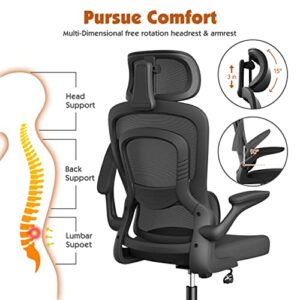 SOMEET Ergonomic Mesh Office Chair with Lumbar Support, High Back Office Chair with Flip-up Arms, Mesh Computer Gaming Chairs with Adjustable Headrest, Ergonomic Chair for Home Office Work, Black