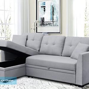 Sleeper Sectional Sofa Pull Out Sofa Bed for Small Spaces Small Sectional Couch Bed for Living Room with Storage Chaise for Apartment Bedroom,Guest Room, Grey