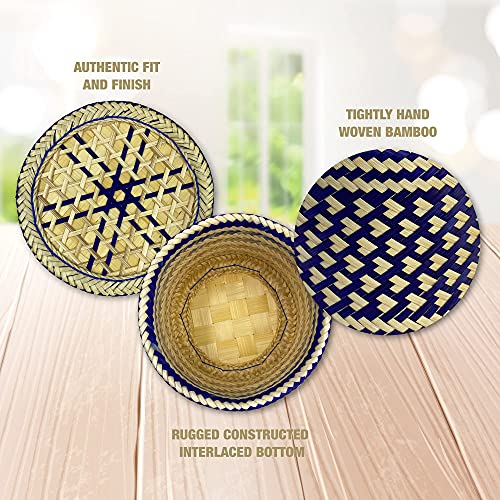 PANWA Bamboo Sticky Rice Serving Basket Thai Kratip Container Royal Blue Butterfly Pea Flower- 5.5 Inch Diameter with 16 Inch Round 6 Pack Reusable Cheesecloth