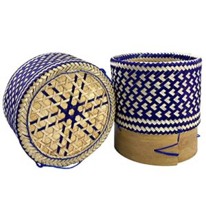 PANWA Bamboo Sticky Rice Serving Basket Thai Kratip Container Royal Blue Butterfly Pea Flower- 5.5 Inch Diameter with 16 Inch Round 6 Pack Reusable Cheesecloth