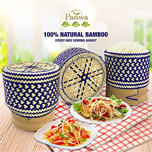 PANWA Bamboo Sticky Rice Serving Basket Thai Kratip Container Royal Blue Butterfly Pea Flower- 5.5 Inch Diameter with 16 Inch Round 6 Pack Reusable Cheesecloth