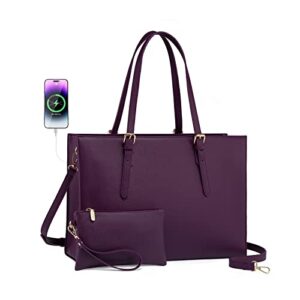 lovevook 15.6 inch laptop bag for women, large waterproof pu leather work briefcase with usb charging port casual computer shoulder bag messenger, fashion business office tote handbag purse, purple