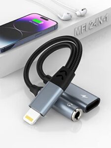 iphone headphone and charger adapter 2-in-1 lightning to 3.5mm aux audio + lightning charger splitter dongle for iphone 14/13/12/11 pro max/pro/plus/mini/xr/xs/8/7 plus-apple mfi certified