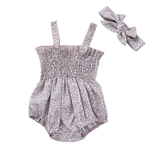 Baby Girl Summer Outfit Cute Newborn Plaid Ruched Romper Playsuit Sleeveless Smocked Strap Ruffled Bodysuit Sunsuit (A Light Grey, 6-12 Months)