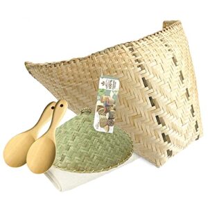 panwa thai bamboo satin weave sticky rice cooking basket with 24’’ round reusable cheesecloth and wicker lid and 2 sticky rice paddle wooden spoons