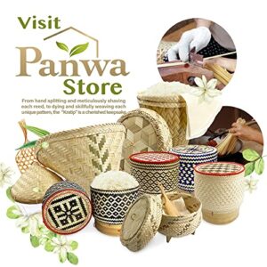 PANWA Thai Bamboo Satin Weave Sticky Rice Cooking Basket with 24’’ Round Reusable Cheesecloth and Wicker Lid and 2 Sticky Rice Paddle Wooden Spoons