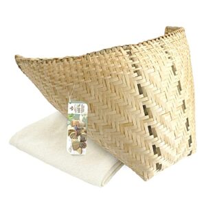 PANWA Thai Bamboo Satin Weave Sticky Rice Cooking Basket with 24’’ Round Reusable Cheesecloth and Wicker Lid and 2 Sticky Rice Paddle Wooden Spoons