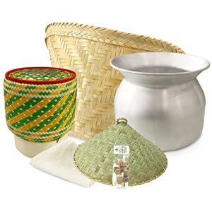 PANWA Combo Sticky Rice Cooking Set Aluminum Cook Pot Standard Diameter (22 cm) with Sticky Rice Cooking Basket and 24’’ Cheesecloth Filter Wicker Lid and Kratip Container Multicolor 5.5 In