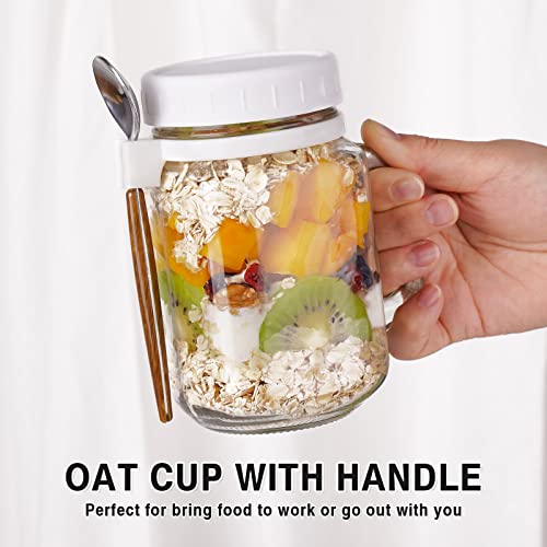 NiHome Overnight Oats Jar with Handle and Spoon 2-Pack, Customizable 16oz Leak-Proof Glass Oat Cup On-The-Go Breakfast, Lunch, Snacks for Dieters and Busy Lifestyles, Ideal for Fresh Fruit, Nuts, Oats