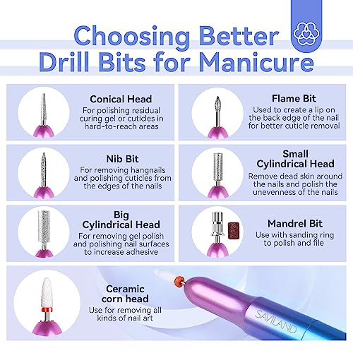 Saviland Portable Electric Nail Drill - 20000 RPM USB Electric Nail File with 7 Nail Drill Bits & 51 Sanding Bands for Nail Prep Acrylic Nails Dip Nails Gel Nails Home Salon Use, Blue-Violet Gradient