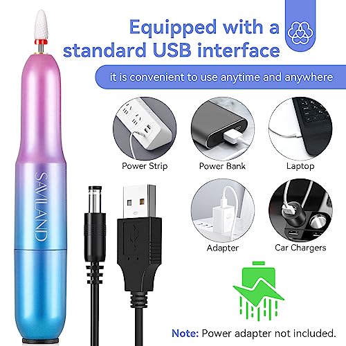 Saviland Portable Electric Nail Drill - 20000 RPM USB Electric Nail File with 7 Nail Drill Bits & 51 Sanding Bands for Nail Prep Acrylic Nails Dip Nails Gel Nails Home Salon Use, Blue-Violet Gradient