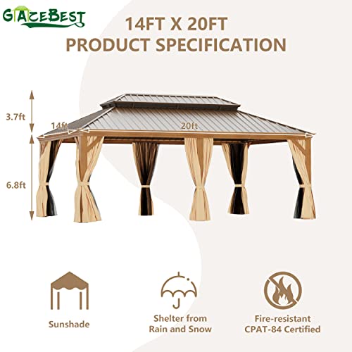 GAZEBEST 14' X 20' Hardtop Gazebo Outdoor Aluminum Patio Gazebo Double Roof Galvanized Steel Gazebo Canopy Wooden Finish Coated with Netting and Curtains,for Garden Patio,Patio Backyard,Deck and Lawns