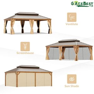 GAZEBEST 14' X 20' Hardtop Gazebo Outdoor Aluminum Patio Gazebo Double Roof Galvanized Steel Gazebo Canopy Wooden Finish Coated with Netting and Curtains,for Garden Patio,Patio Backyard,Deck and Lawns