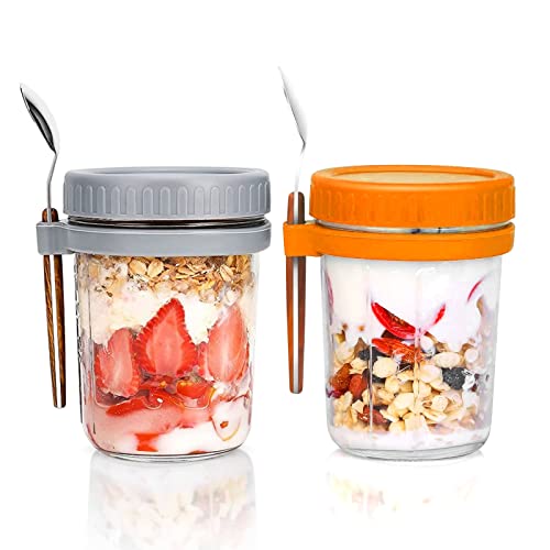 ZUOLUN Overnight Oats Containers with Lids and Spoons: 2pcs 12 Oz Overnight Oats Jars, Large Capacity Airtight Glass Mason Overnight Oats Jars, Mason Jars for Overnight Oat for Milk, Cereal, Fruit