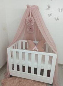 soft canopy for nursery with holder and pompoms, kids hanging tent for bedroom, bed canopy, crib canopy, baby room decor, nook baldachin (dusty pink)