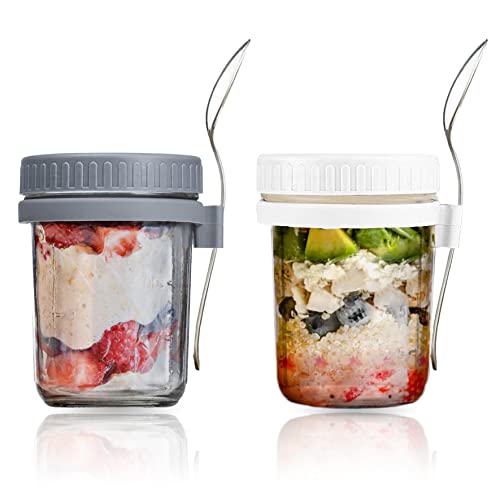 Homedy Solutions Overnight Oats Containers with Lids and Spoons - Overnight Oats Jars with Lid - 10oz Mason Jars for Overnight Oats With Recipe Card