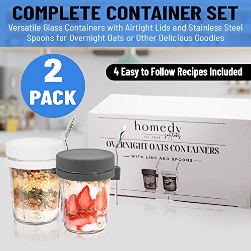 Homedy Solutions Overnight Oats Containers with Lids and Spoons - Overnight Oats Jars with Lid - 10oz Mason Jars for Overnight Oats With Recipe Card