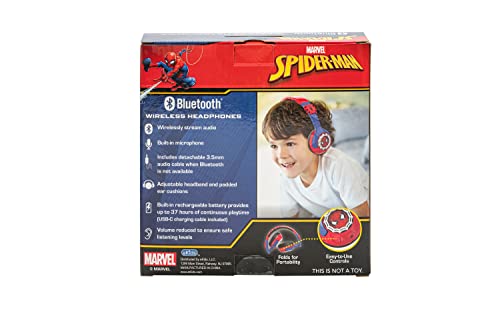 eKids Spiderman Kids Bluetooth Headphones, Wireless Headphones with Microphone Includes Aux Cord, Volume Reduced Kids Foldable Headphones for School, Home, or Travel