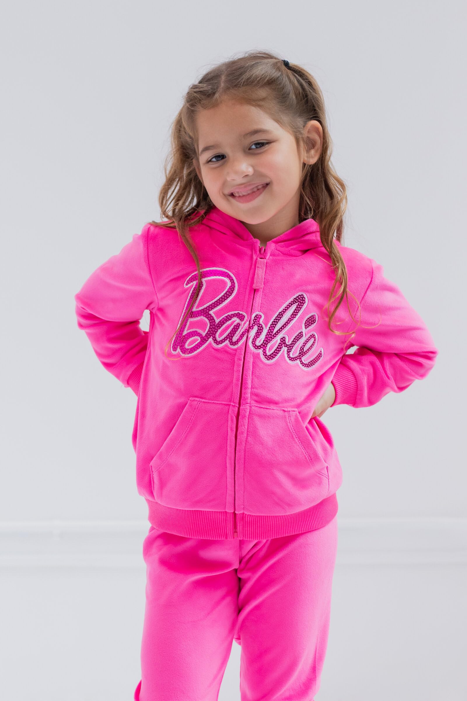 Barbie Little Girls Velour Zip Up Hoodie Pants Outfit Set Pink 7-8