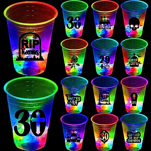 mishunyus 24 Pcs Glow 30th Birthday Decorations,Death to My 20s Party Cups,RIP to My 20s Birthday Decorations for Funny 30th Birthday Party Supplies，RIP Twenties Birthday Cups(16 oz)