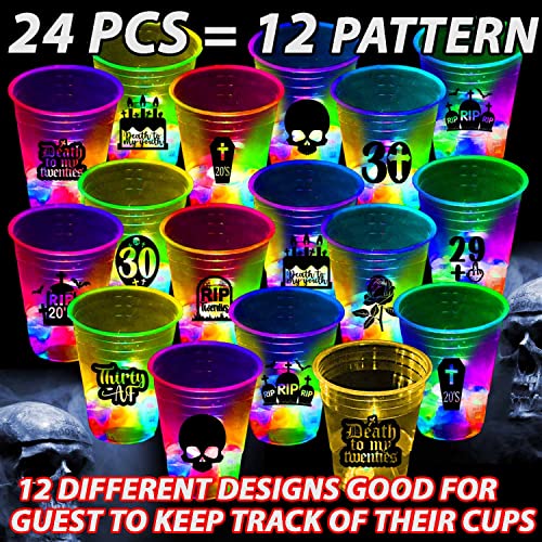 mishunyus 24 Pcs Glow 30th Birthday Decorations,Death to My 20s Party Cups,RIP to My 20s Birthday Decorations for Funny 30th Birthday Party Supplies，RIP Twenties Birthday Cups(16 oz)