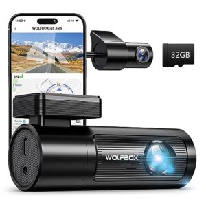 wolfbox 4k dash cam front and rear, dash cam with gps wifi uhd 2160p/1600p + 1080p,dash camera for cars with 32g sd card, wdr, night vision, loop recording,170°fov