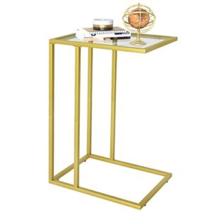 easy paws c shaped glass end table, small gold sofa side table, narrow snack side table with metal frame &tempered glass, tv tray table for small space, easy assembly,gold