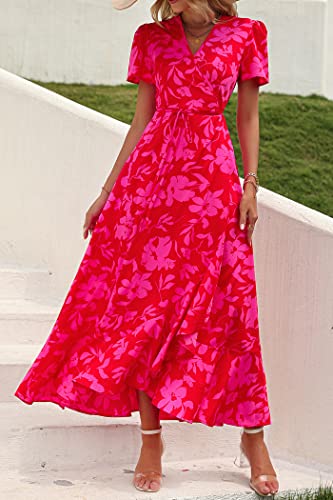 PRETTYGARDEN Women's Summer Wrap Maxi Dress Casual Boho Floral V Neck Short Sleeve Ruffle Hem Split Beach Long Dresses (Red Floral,X-Large)