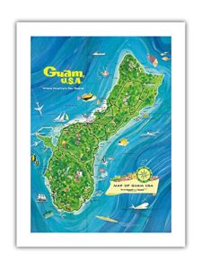 pacifica island art map of guam, usa - where america’s day begins - vintage pictorial map by alec baird c.1970s - premium matte paper print 18x24in