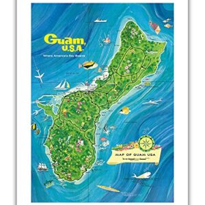 Pacifica Island Art Map of Guam, USA - Where America’s Day Begins - Vintage Pictorial Map by ALEC Baird c.1970s - Premium Matte Paper Print 18x24in