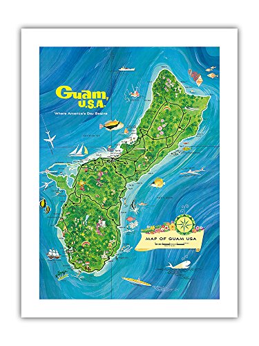 Pacifica Island Art Map of Guam, USA - Where America’s Day Begins - Vintage Pictorial Map by ALEC Baird c.1970s - Premium Matte Paper Print 18x24in