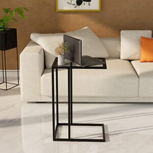 C Table Glass End Table, Couch Side Table, Tempered Glass Snack Side Table with Metal Frame, TV Tray Table for Small Space, Sofa Couch Side Tableand Bed Side Table(Black)…