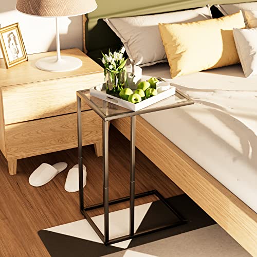 C Table Glass End Table, Couch Side Table, Tempered Glass Snack Side Table with Metal Frame, TV Tray Table for Small Space, Sofa Couch Side Tableand Bed Side Table(Black)…