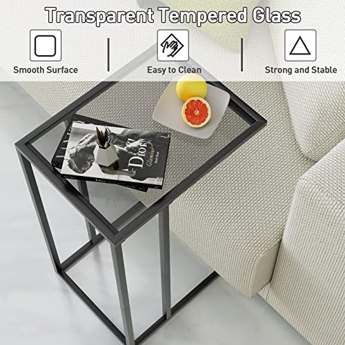 C Table Glass End Table, Couch Side Table, Tempered Glass Snack Side Table with Metal Frame, TV Tray Table for Small Space, Sofa Couch Side Tableand Bed Side Table(Black)…