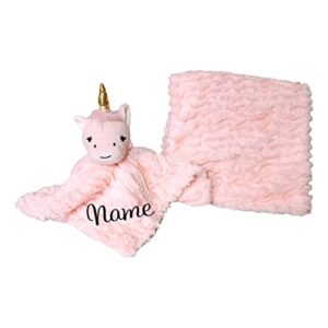 sona g designs deluxe personalized baby security blanket lovey and swaddle blanket set with custom embroidered name for babies boy and girl (pink unicorn with embroidered name)
