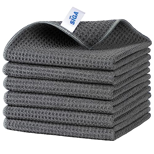 MR.SIGA Waffle Pattern Cleaning Cloths, Reusable Absorbent Microfiber Cleaning Cloths, Lint Free Microfiber Kitchen Towels, 6 Pack, Gray, 12.6 x 12.6 inch