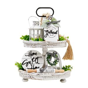 houmury set of 16 farmhouse tiered tray decor with 1 lantern artificial plant& cutting board sign for rustic home sweet home kitchen decor tier tray decor set