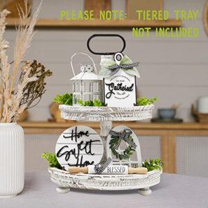 Houmury Set of 16 Farmhouse Tiered Tray Decor with 1 Lantern Artificial Plant& Cutting Board Sign for Rustic Home Sweet Home Kitchen Decor Tier Tray Decor Set