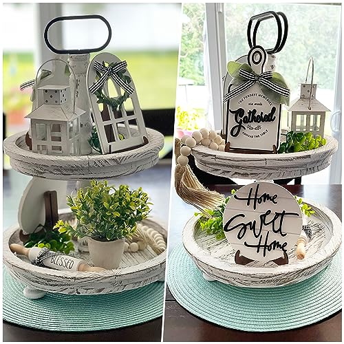 Houmury Set of 16 Farmhouse Tiered Tray Decor with 1 Lantern Artificial Plant& Cutting Board Sign for Rustic Home Sweet Home Kitchen Decor Tier Tray Decor Set