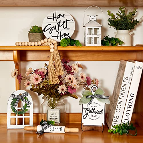 Houmury Set of 16 Farmhouse Tiered Tray Decor with 1 Lantern Artificial Plant& Cutting Board Sign for Rustic Home Sweet Home Kitchen Decor Tier Tray Decor Set