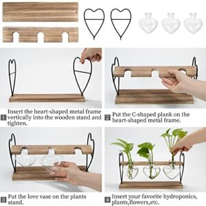 takfot Plant Propagation Station with Wood Stand, Terrarium Tabletop Glass Planter for Hydroponics Air Plants Home Office Decor, Plant Holder Lover Gifts for Women-3 Heart Shaped Vase