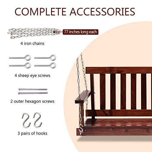 Outdoor Wooden Porch Swings 4Ft/48in Outdoor Swings Heavy Duty 800lb Weight Capacity Swing Bench for Adults with Hanging Chains and Fixing Screw for Garden and Backyard,Brown