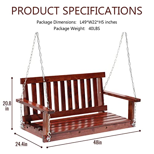 Outdoor Wooden Porch Swings 4Ft/48in Outdoor Swings Heavy Duty 800lb Weight Capacity Swing Bench for Adults with Hanging Chains and Fixing Screw for Garden and Backyard,Brown